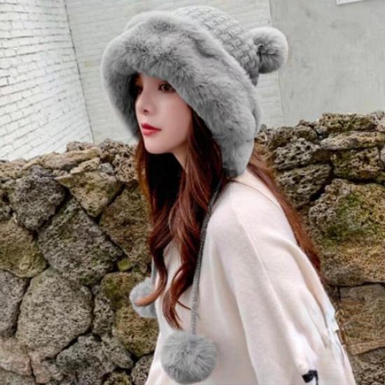 Women Faux Fur Knitted Bobble Beanie Hat Warm Cute Pom Pom Cossack Ski Winter серый