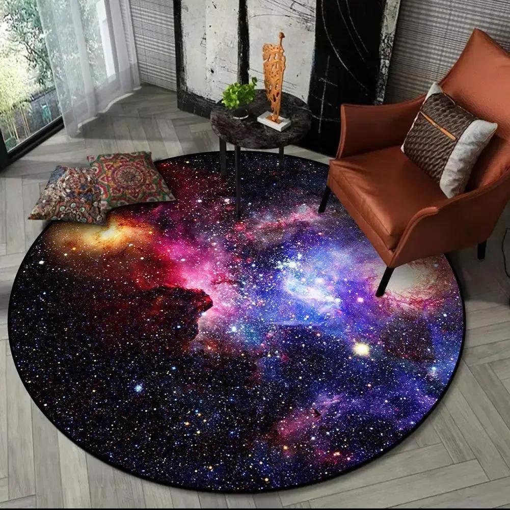 Crystal Velvet Galaxy Round Rug, Space Nebula Starry Print Non Slip Floor Mat for Bedroom, Playroom, Kids Room, Home Decor