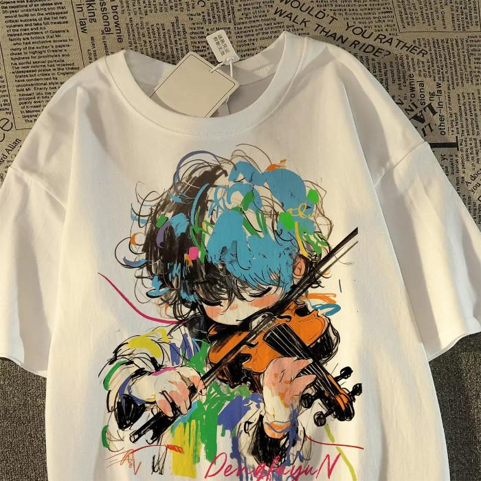 

Summer Cartoon Violin Print Short Sleeve Tshirt Loose Top Fashion Simple Unisex and Women Tshirt S