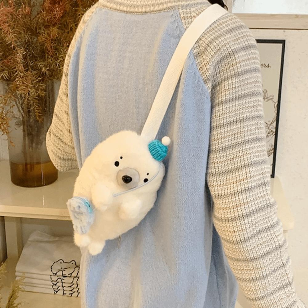 Fashion Soft Fluffy Cute Seal Shoulder Bag Cartoon Adjustable Straps Phone Bag Lightweight Fabric Handbag Women's Accessories
