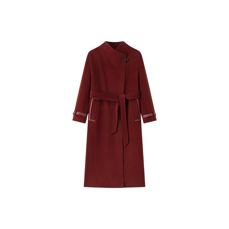 

Женское высококлассное пальто из шерстяной смеси с кожаными вставками и поясом в стиле колор-блок Large