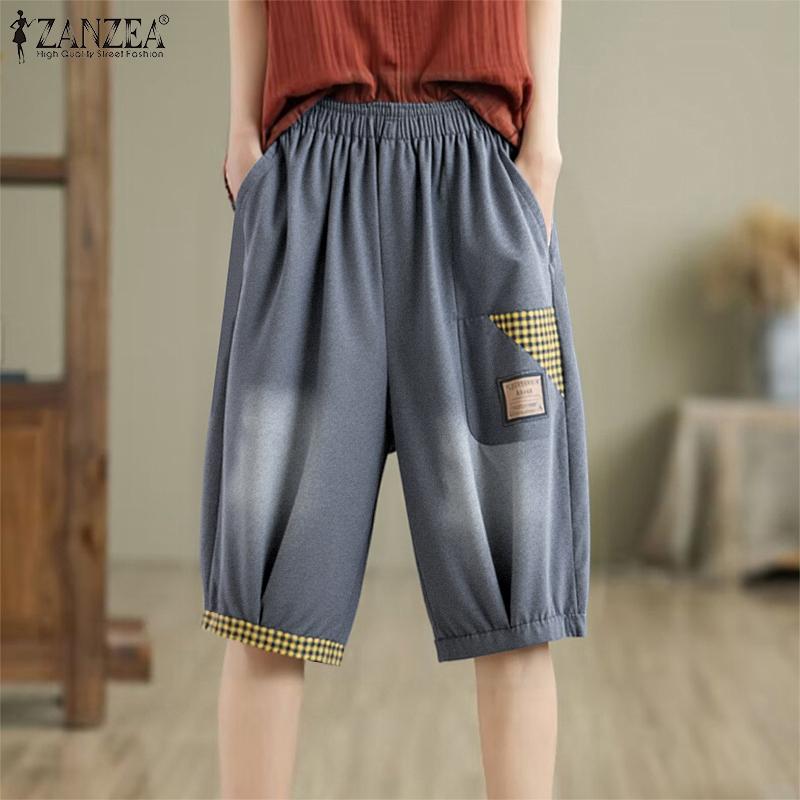ZANZEA Women Casual Elastic Waist Summer Print Capri Pants