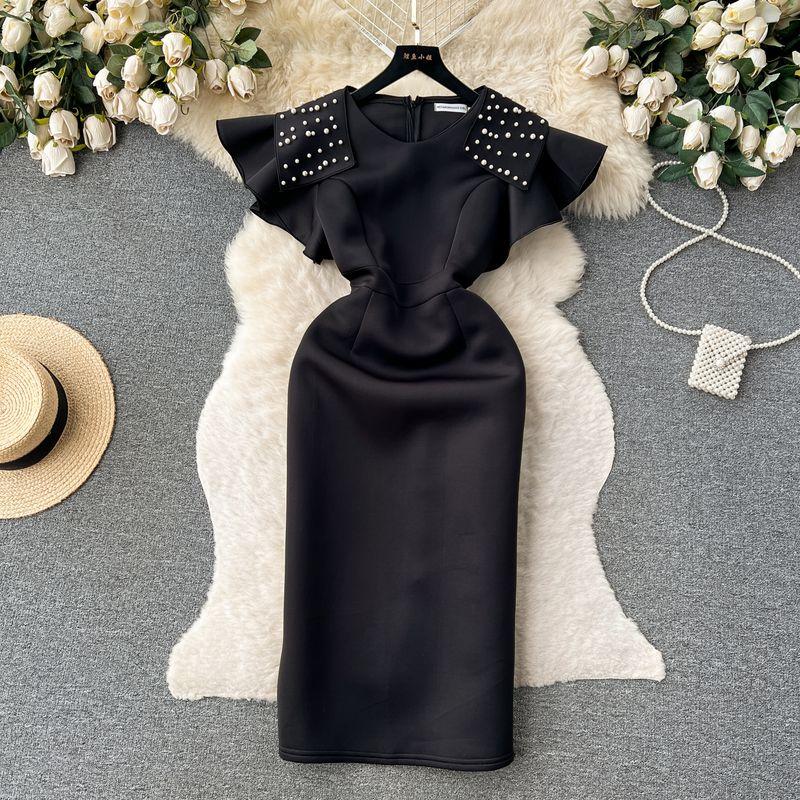 

Accessible Luxury Elegant Retro Lotus Leaf Sleeve Dress Beaded Black M