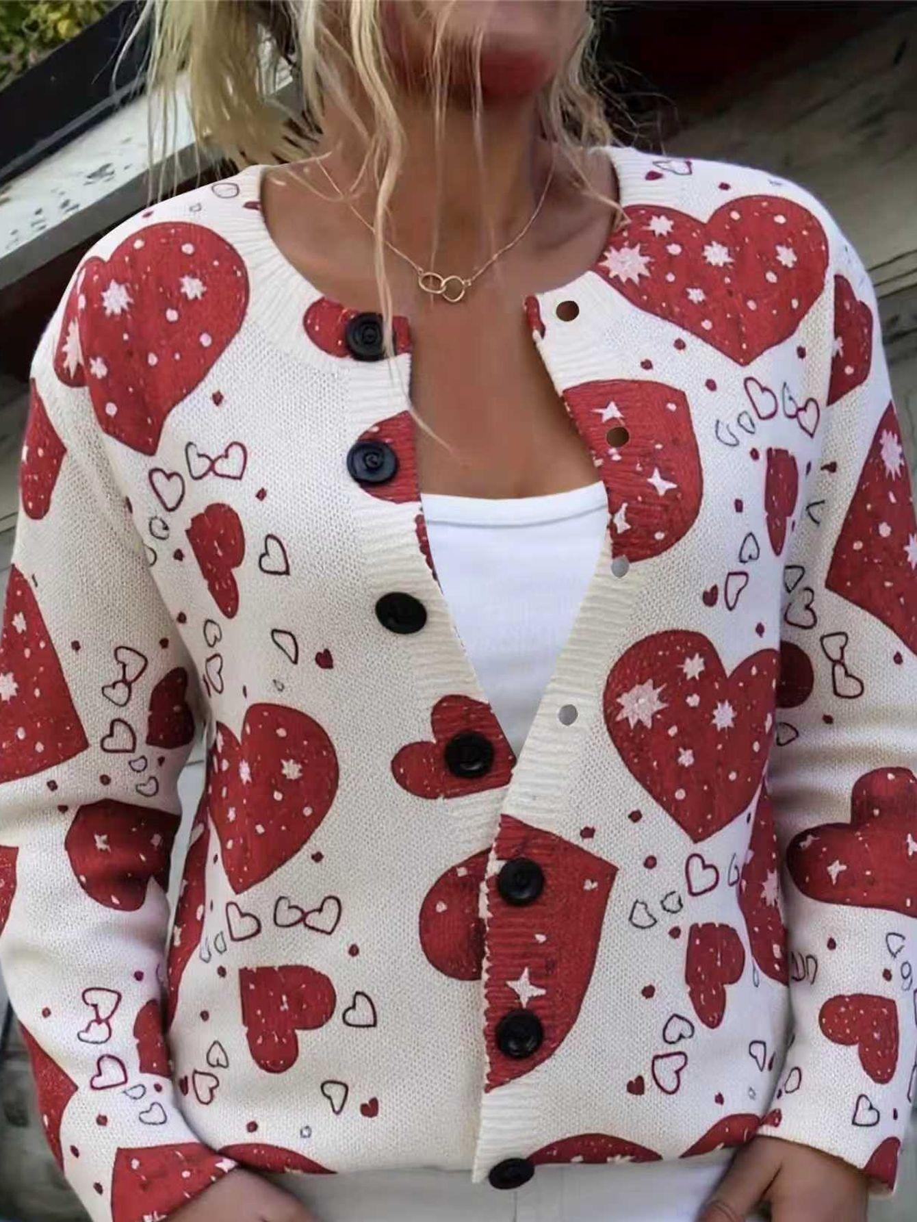 European and American crew neck cardigan 3D digital printing sweater retro knitted autumn new coat buttons S