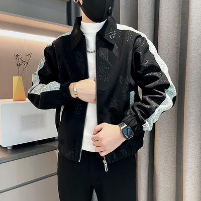 Trendige Herren Frühling und Herbst Neue gespleißte Umlegekragen Reißverschlusstasche Mode Einfarbig Locker Lässig Langarmjacken