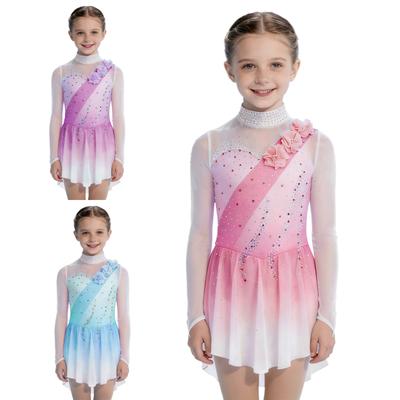Girls Gradient Color Dance Dress Mock Neck Cutout Back Sheer Mesh Long Sleeves 3D Flowers Rhinestones Figure Skating Costume