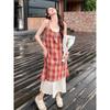 Super Good-looking and Thin Fake Two-piece Splicing Red Plaid Suspender Skirt Women's Summer New Loose Small Dress