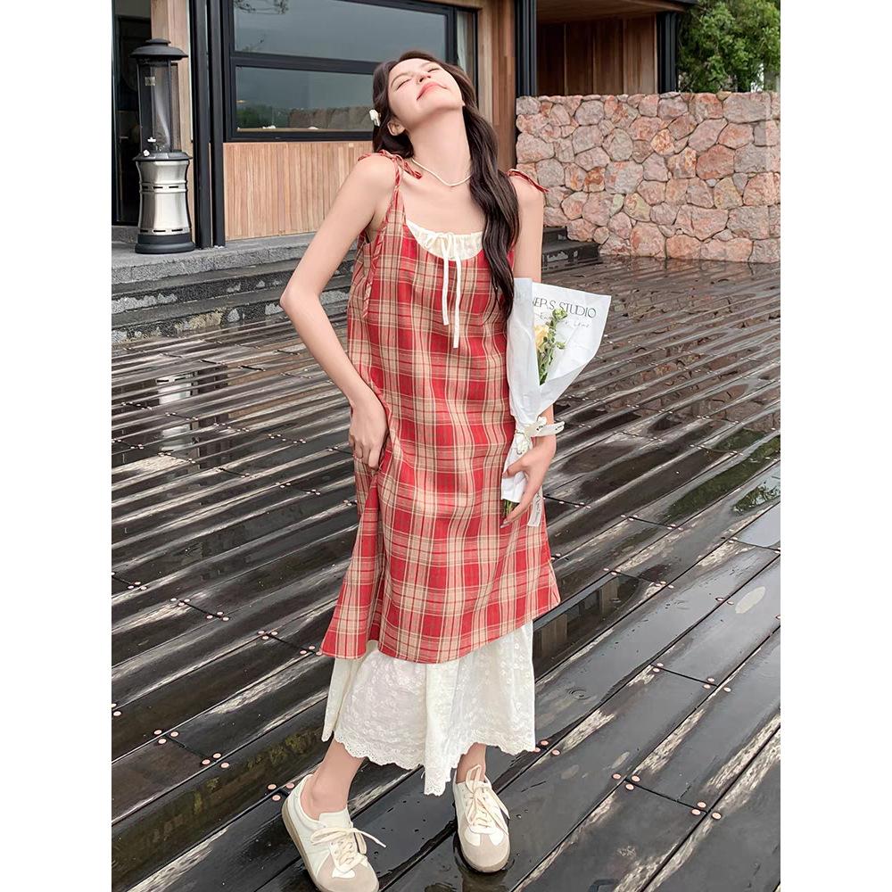 Super Good-looking and Thin Fake Two-piece Splicing Red Plaid Suspender Skirt Women's Summer New Loose Small Dress