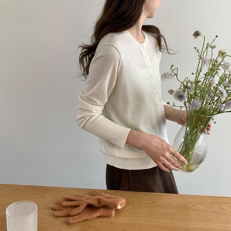 0 wool half placket round neck pullover knitted sweater top women's autumn simple age-reducing sweater