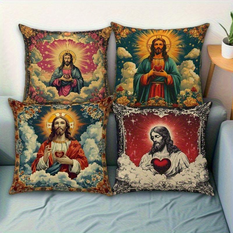 4Pcs Double-Sided Printed Throw Pillow Covers, Vintage Religious Cloud Floral Print Cushion Cases, Christian Faith Decor