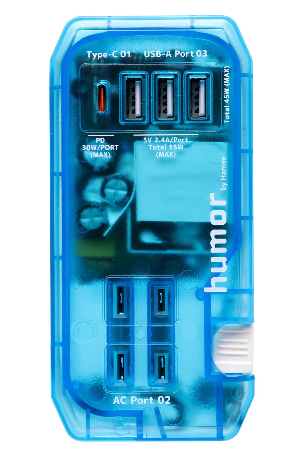 humor handy Plus AC Charger, PD30W Compatible, USB Power Strip (Clear/Cyan) [Power Strip, AC Adapter, 2 AC Ports, 2 Outlets, 1 Type-C Port, 3 USB Port