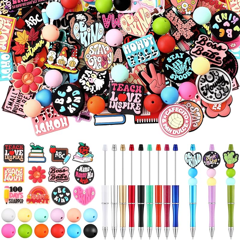 122 Pcs Silicone Focal Beads for DIY Pens Making Kit Include 12 Beadable Pens 110 Silicone Focal Beads for Pen Keychains DIY Making
