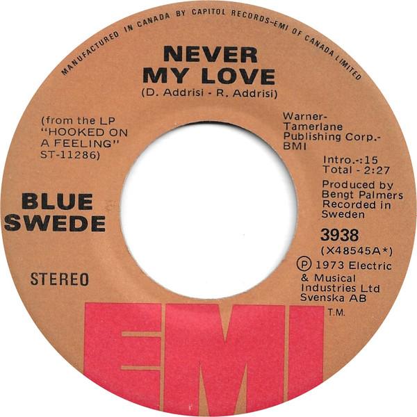 

7inch Record BLUE SWEDE - Never My Love 3938 EMI 1973 Canada Rock Used
