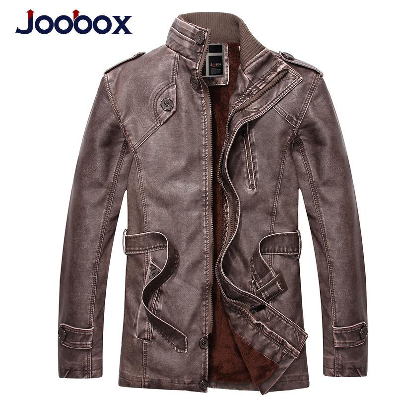 JOOBOX Men's Men's Leather Jacket Slim Stand Collar Mid-Length Washed Motorcycle Leather and Velvet Windbreaker