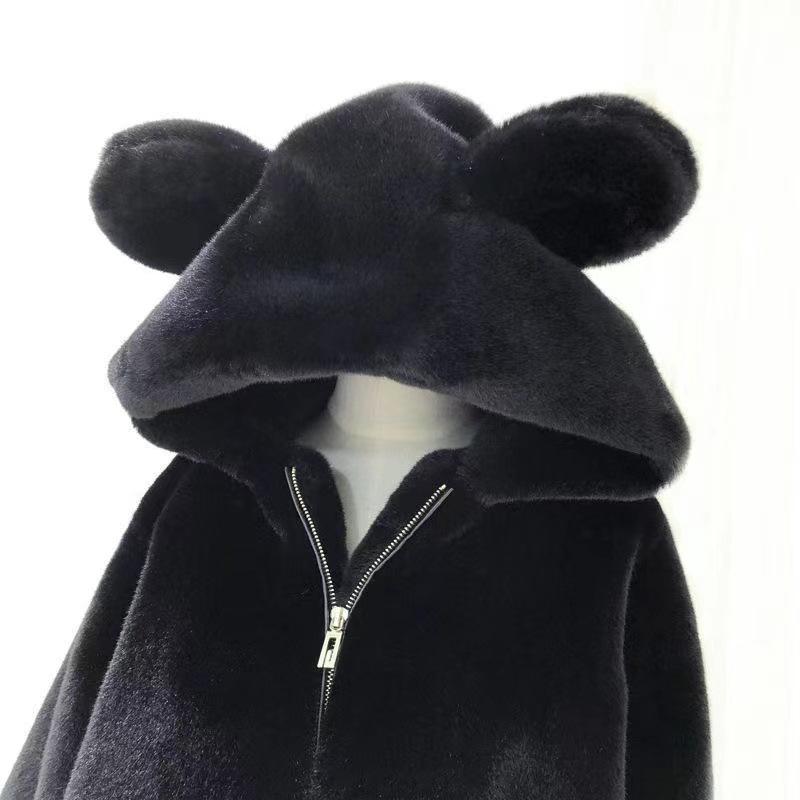 Women's Hooded Long Sleeve Plush Top Loose Fit Lazy Style Bear Ear Hoodie 2026 Winter Solid Color Fleece Warm Outerwear