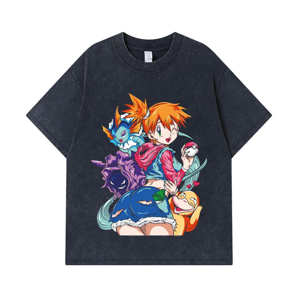 275 GSM Washed T-shirts 100% Cotton Pokemon V17 Misty Print Unisex Heavy Cotton T Shirt