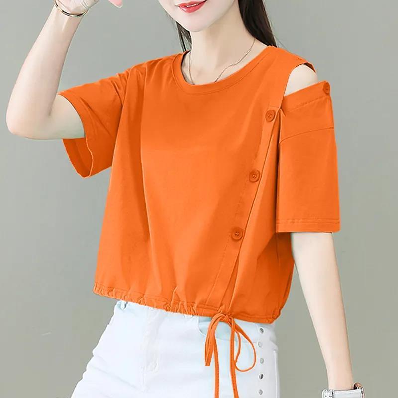 Short Loose Fitting T-shirt Women's Solid Color Summer High Waisted Short Sleeved Off Shoulder Top