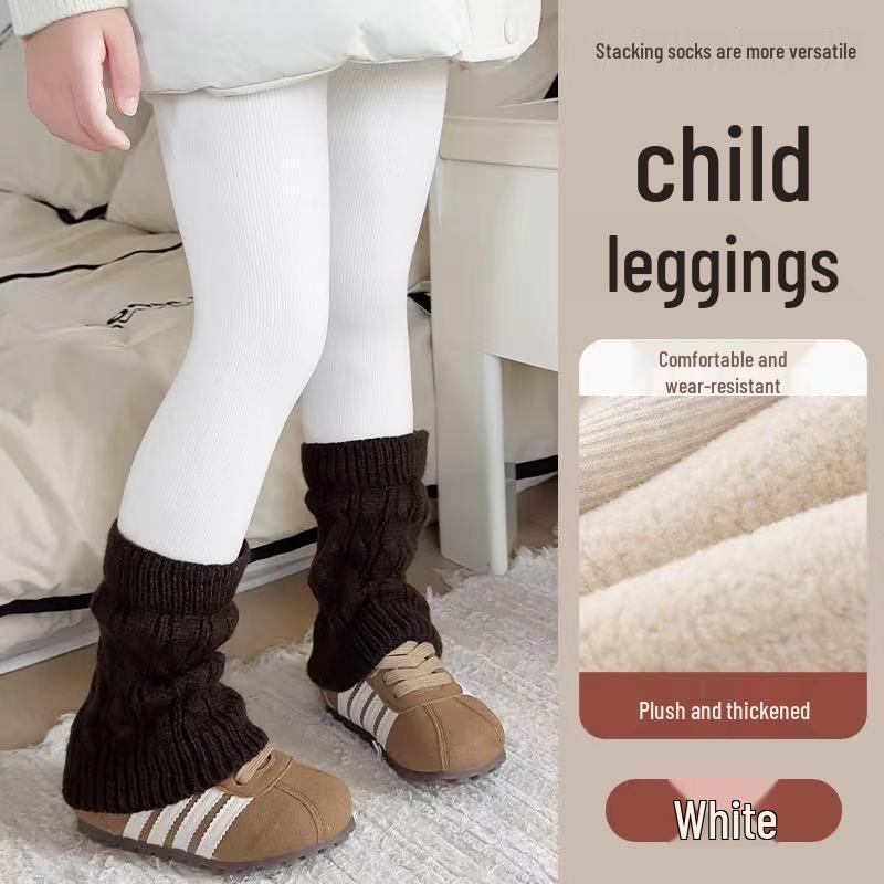 Trendy Girls' Fleece-Lined Cable Knit Patchwork Leg Warmers - Thick Lambswool Vertical Stripe Warm Pants
