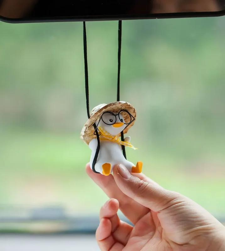 Swinging Duck Car Pendant with Glasses - Cute Rearview Mirror Hanger for Automotive Interior Decor, Christmas Car Accessory