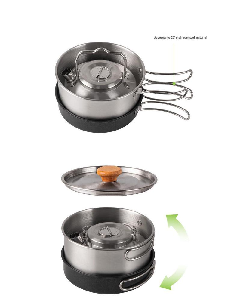 CLS Outdoor 4-teiliges Camping-Kochgeschirrset aus Edelstahl mit Antihaft-Bratpfanne und Suppentopf.