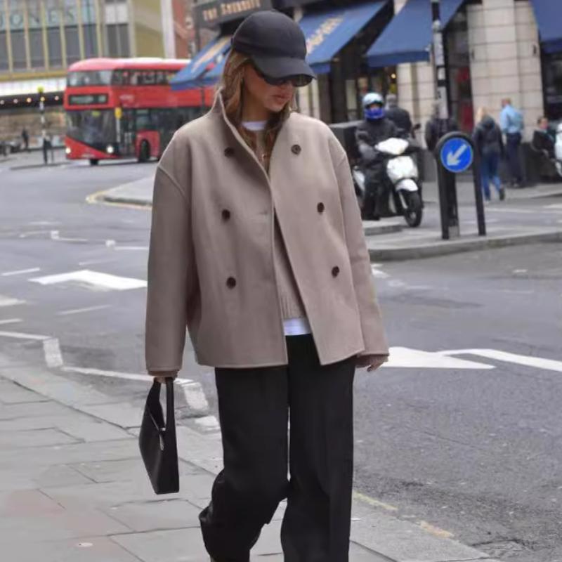Elegant Grey Women Loose Jacket Long Sleeve Stand Collar Coat Double Breasted Female Winter