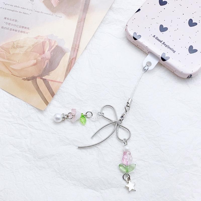 Lovely Beaded Bowknot Phone Strap Charm Pendant with Star Accents Sturdy Handbag Adornment Craft Supplies for Girls