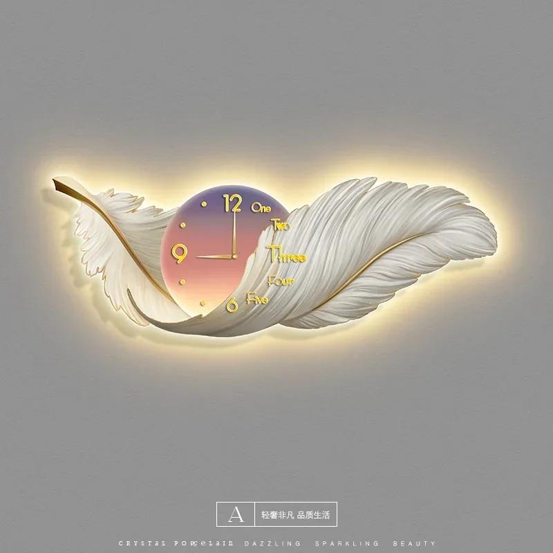 Wall Clock Large Luxury Art Clocks Decor Picture Silent Living Room Wall Feather Decoration Watch Renoj De Pare Home DecorP4M5U3