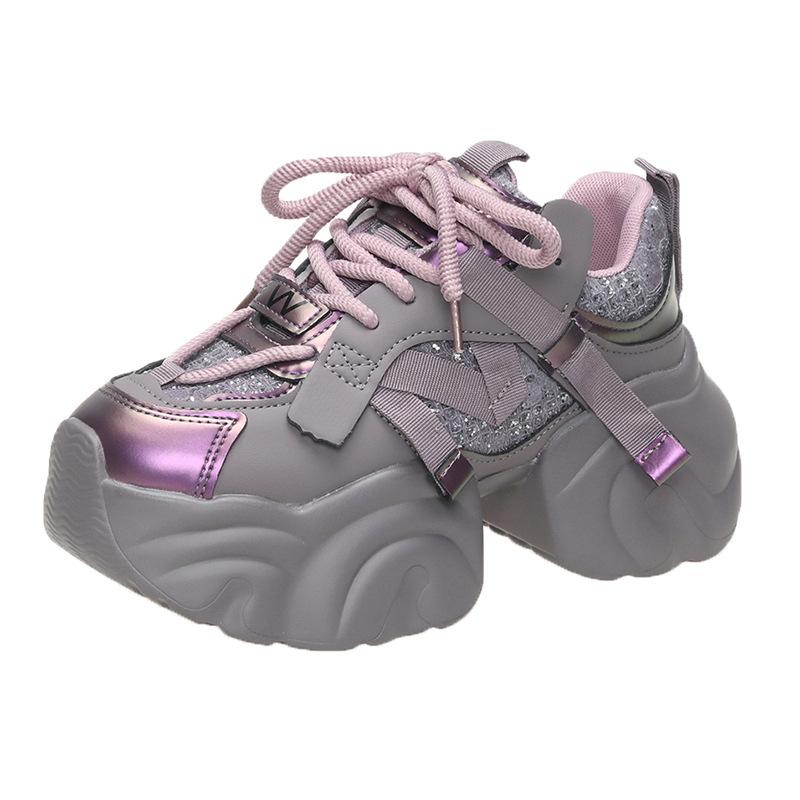 Fashion Women's Spring Autumn Platform Sequin Sneakers Lace-up Chunky Heeled Casual Shoes for Woman Versatile Tennis Vulcanize Shoes