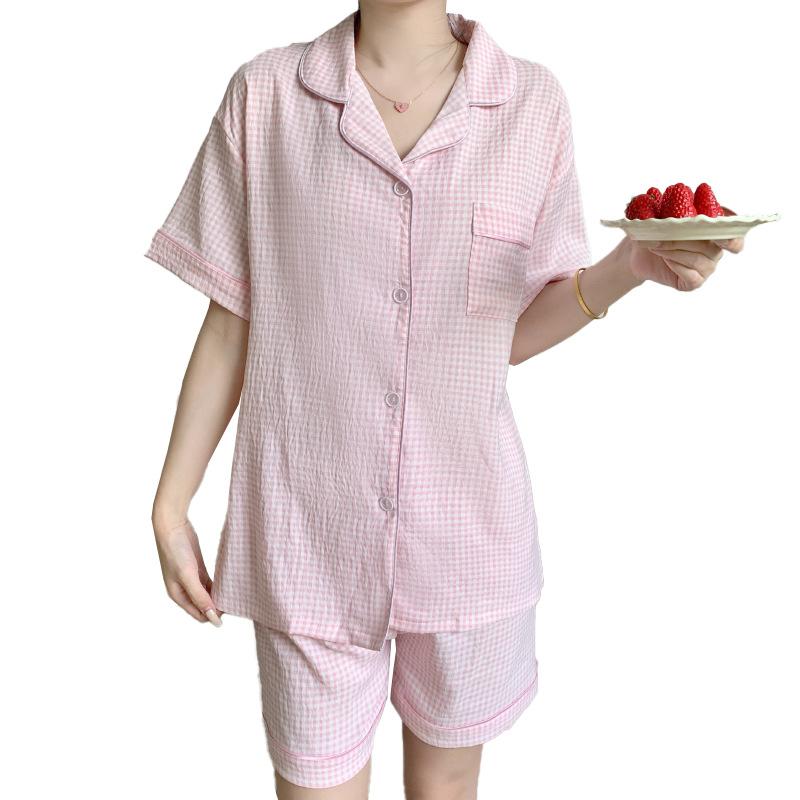 Cloud Cotton Pajamas Girls Summer Pink Plaid Elegant Casual Short-Sleeved Suit Loungewear