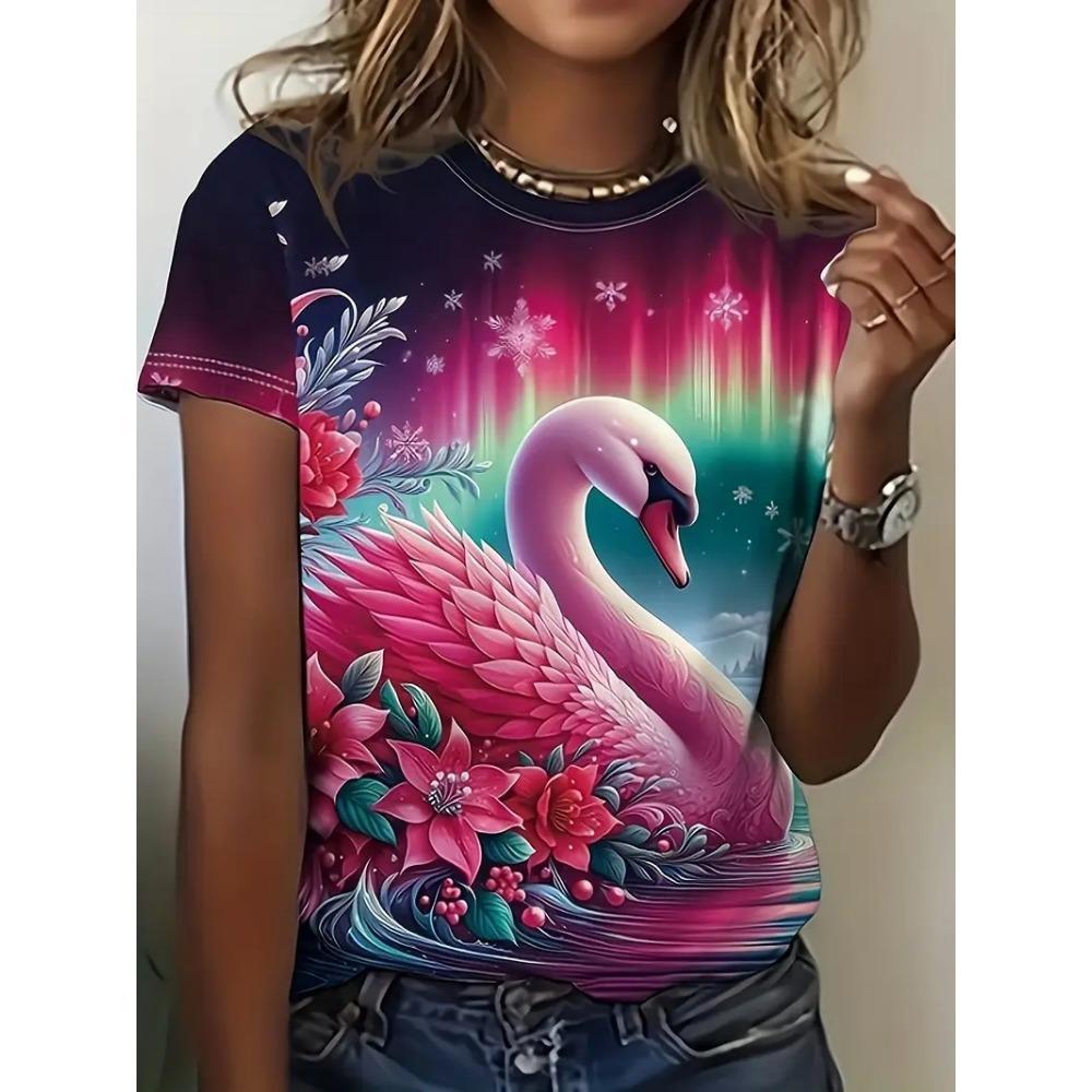 Women's Fashion Trend T-shirt, New Round Neck 3D Animal Print Top for Summer