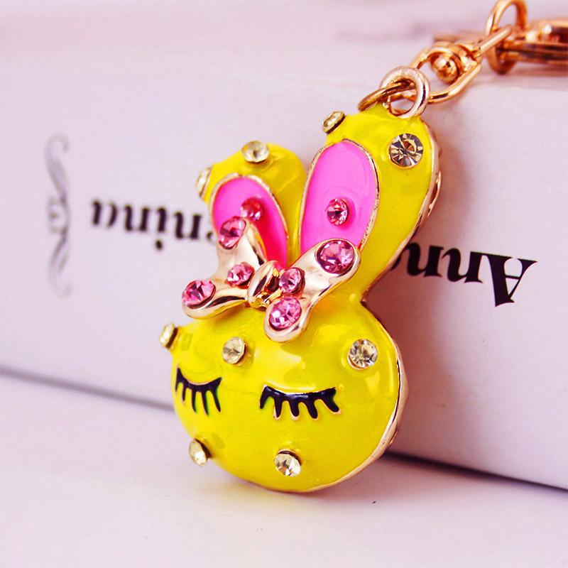 Cute Rhinestone Rabbit Head Metal Keychain Cartoon Car Key Ring Bag Charm Accessory for Women