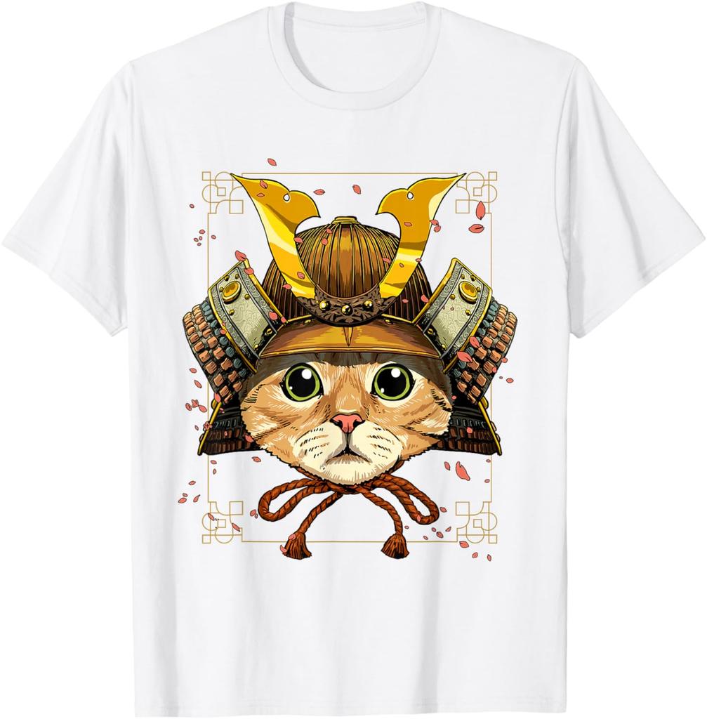 Samurai Cat Warrior Japanese Ronin Graphic Tee Breathable Casual Cotton T-Shirt for Men