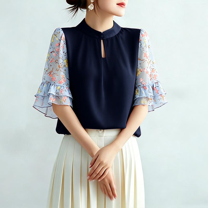 

ZANZEA Women Casual Round Neck Print Splice Half Sleeve Loose Blouse 2XL Темно-синій