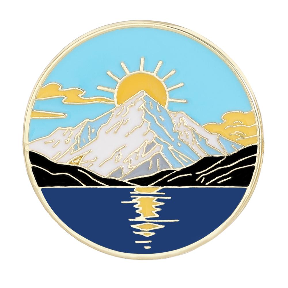 

Funny Outdoor Sunrise Design Enamel Brooches Forest, River, Grassland, Ocean Sunshine Pattern Golden Pins