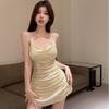 Damen Glänzendes Satin Slip Mini-Kleid Schalkragen Spaghettiträger Bodycon Raffung Partykleid Rückenfrei Nachtclub Cocktail Kurzes Kleid für Abend Clubwear