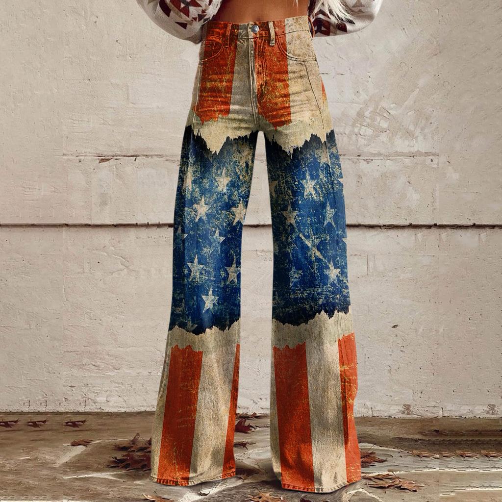 Wide Leg Flare Jeans For Women With Pockets Baggy Pants Vintage Floral Print High Waisted Loose Pant