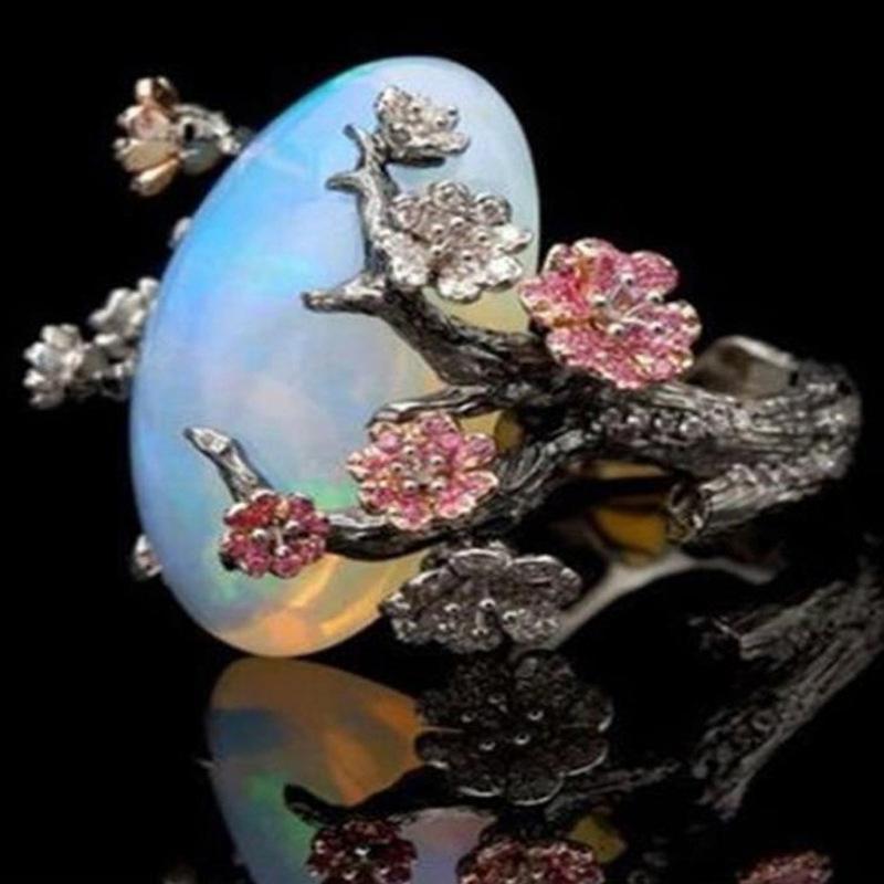 Hot Sale Retro Creative Personality Flower Opal Ring Black Color Separation Ring Accessories Wholesale 10