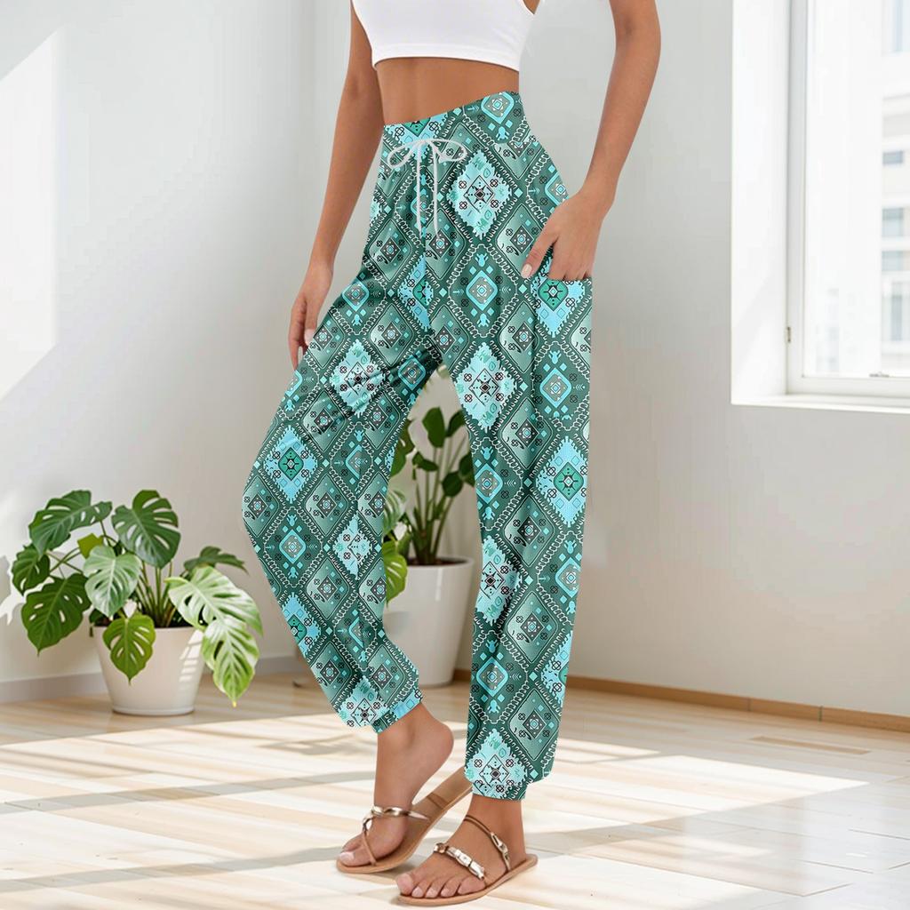Women's Pocket Drawstring Trousers High Waist Yoga Bohemian Printed Casual Pants