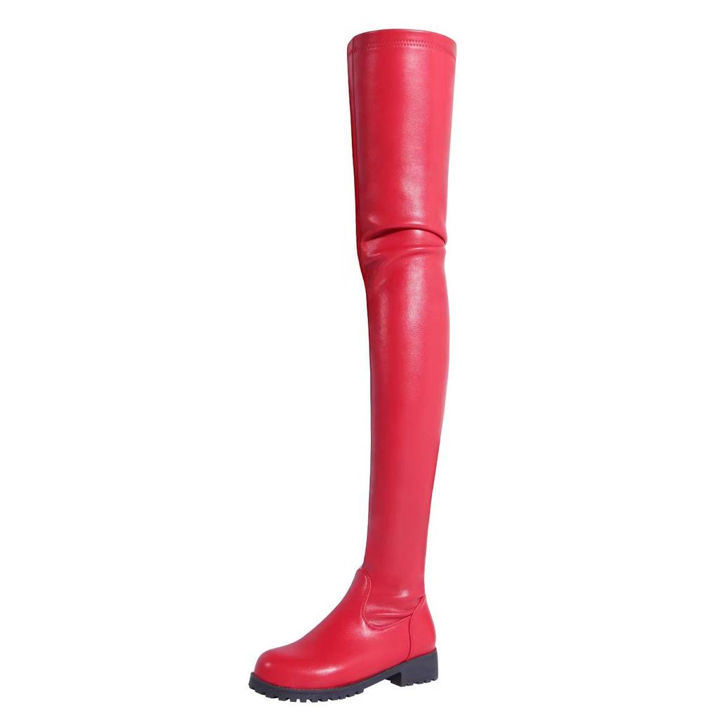 Punk Style Women Boots Big Size 35-44 Sexy Over The Knee Elasticity Boots Side Zipper Round Toe Mid Heel Women Shoes Black Red