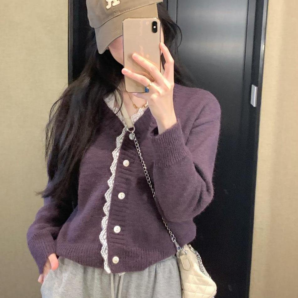 

Кардиган, свитер для женщин, дизайнерский кардиган с нишей и кружевными краями, весенний свободный нежный вязаный свитер, женский топ One Size фиолетовый