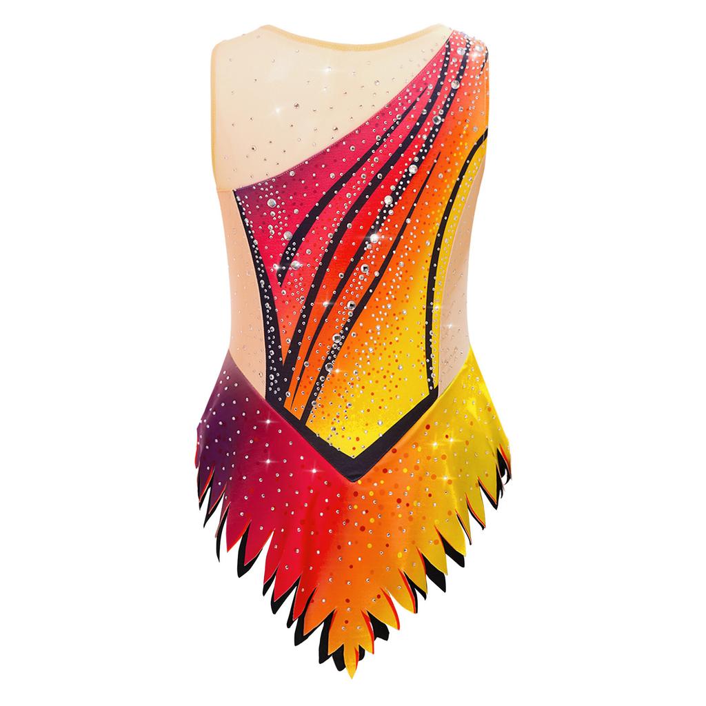 Maillot de ballet pour enfant à manches courtes, bloc de couleurs, strass, body en maille avec fermeture à pression à l'entrejambe pour gymnastique rythmique, spectacle sur scène