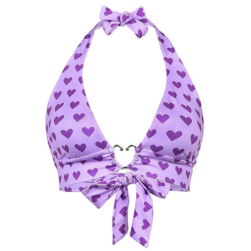 Damen Sexy Süßes Liebesherz Print Metall Schnalle Neckholder Träger BH Oberteil Camisole Korsett