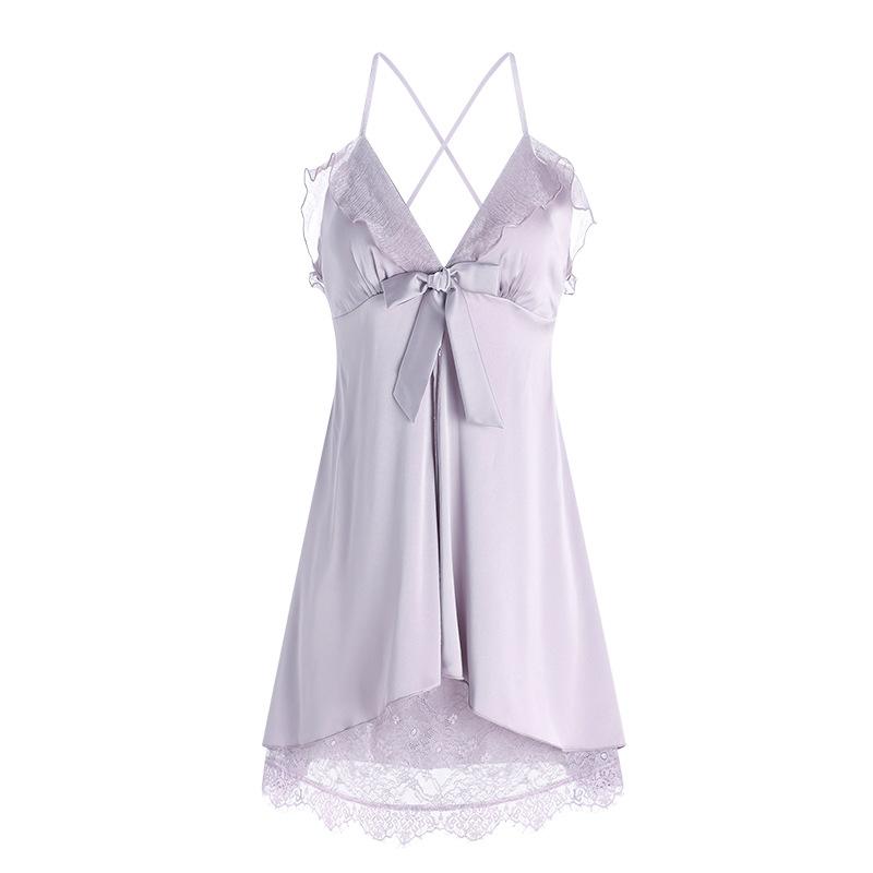Women's Satin Lace Deep V Padded Cross Backless Sleep Dress with Robe Lounge Set