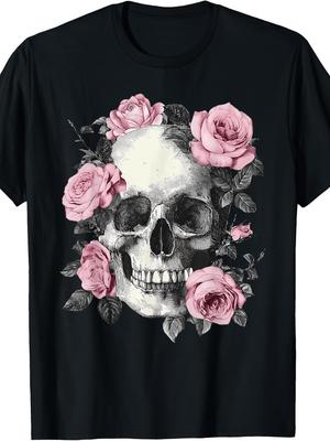Floral Sugar Skull Rose Flowers Skeleton Halloween Men Women TShirt Same Style