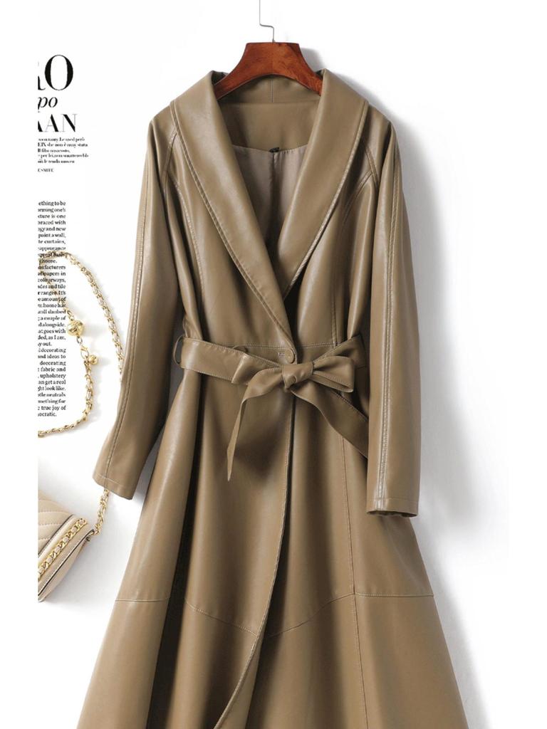 Women's Sheepskin Coat: Elegant Lace-Up, Waist-Cinching, Long Leather Skirt Style, 2025 Collection