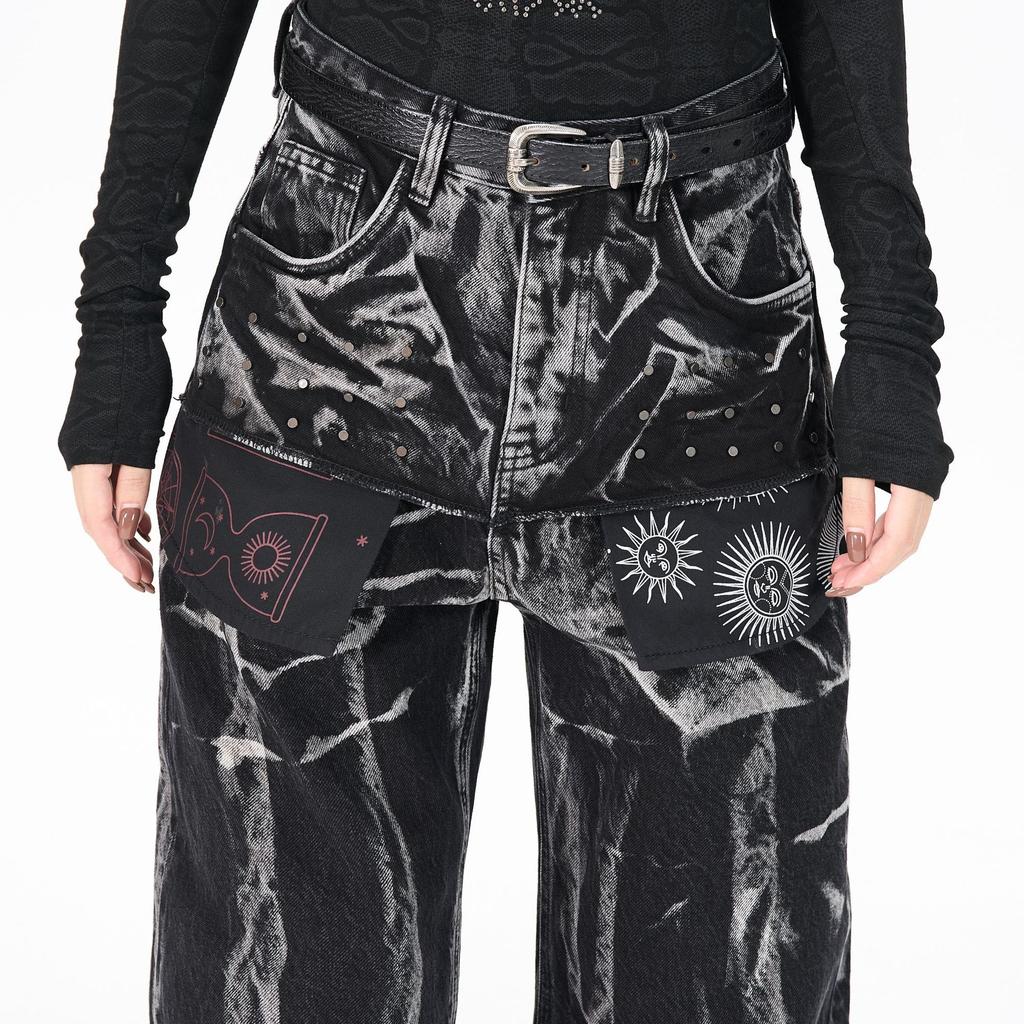 Men's clothing American high street RO wind heavy washed tie-dyed jeans high quality wide-leg pants