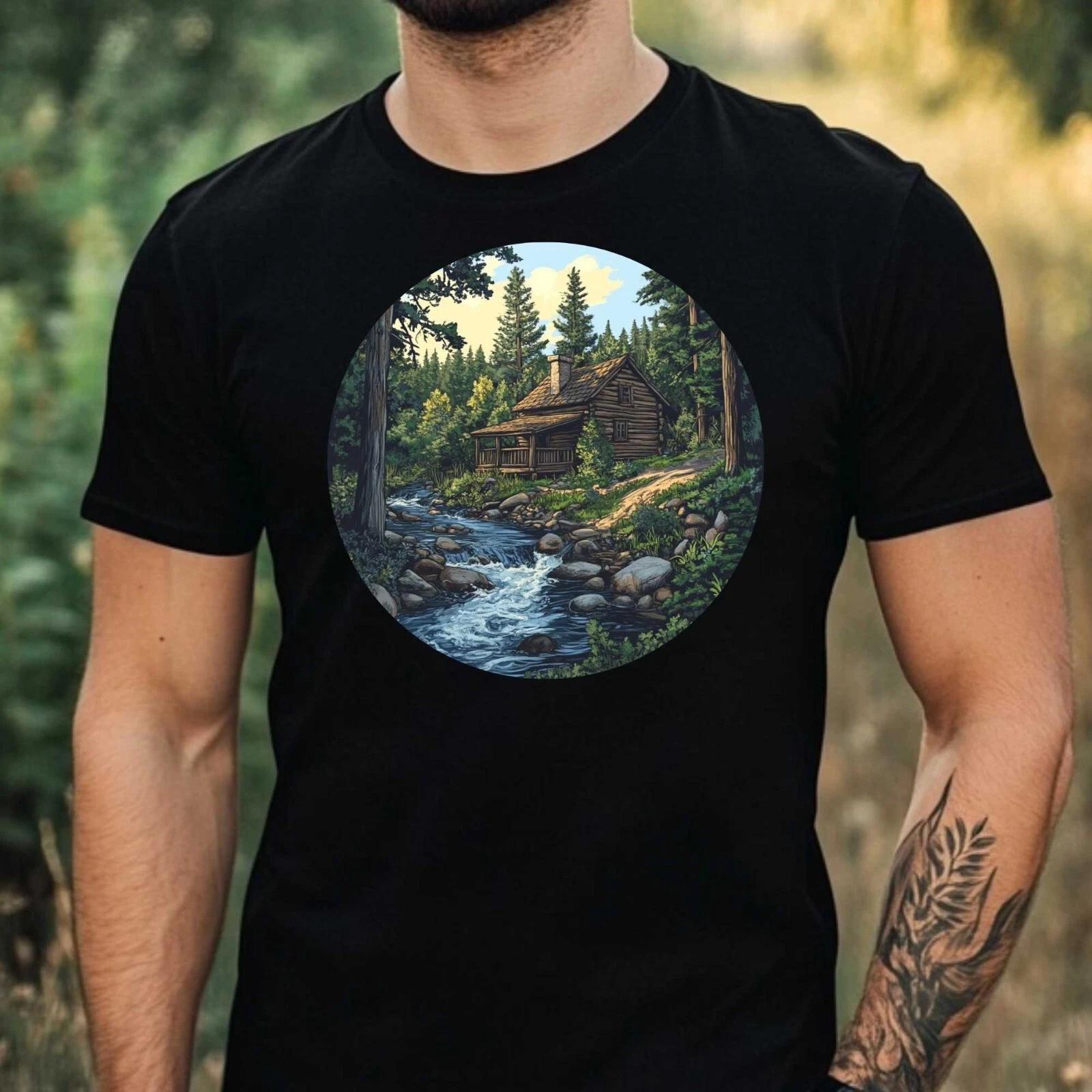 T-Shirt Herren Wald Hütte Motiv Baumwolle Größe XS bis 5XL XXL