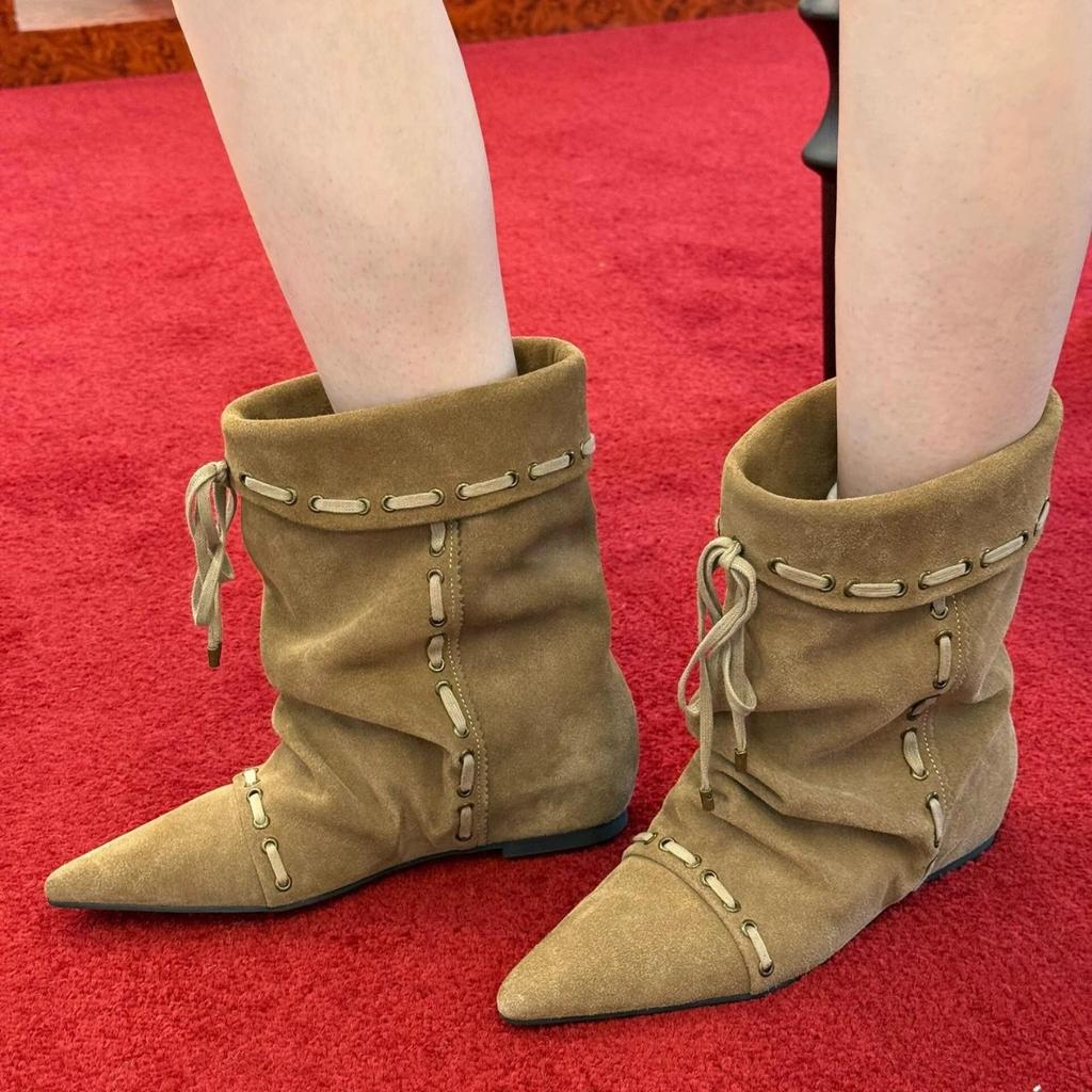 Super soft lambskin~ pleated tip inner height increase 5cm small short boots women's retro niche Martin boots western cowboy boots