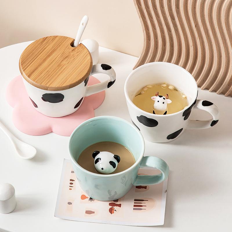 Cartoon Keramik Kaffeetasse Dreidimensionale Panda Dekoration Becher mit Deckel Löffel Exquisit Zuhause Frühstück Milchbecher Kinder Geschenk Neu