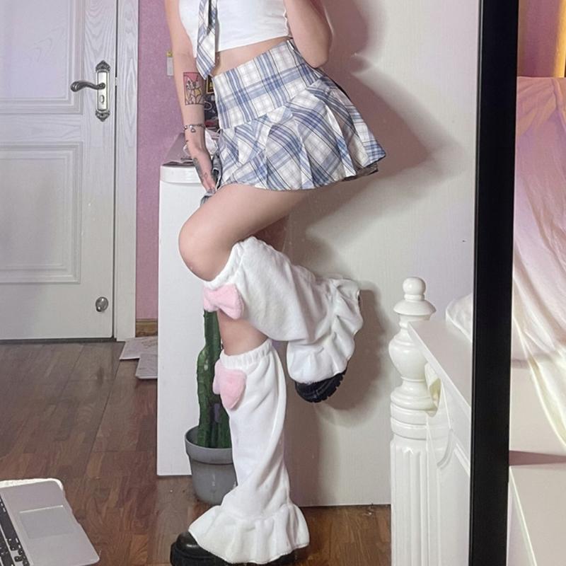 Long Foot Cover Leg Warmers Goth Anime Sweet Pink Bowknot Cosplay Ruffled Hem Plush Knee High Socks for Women Girls